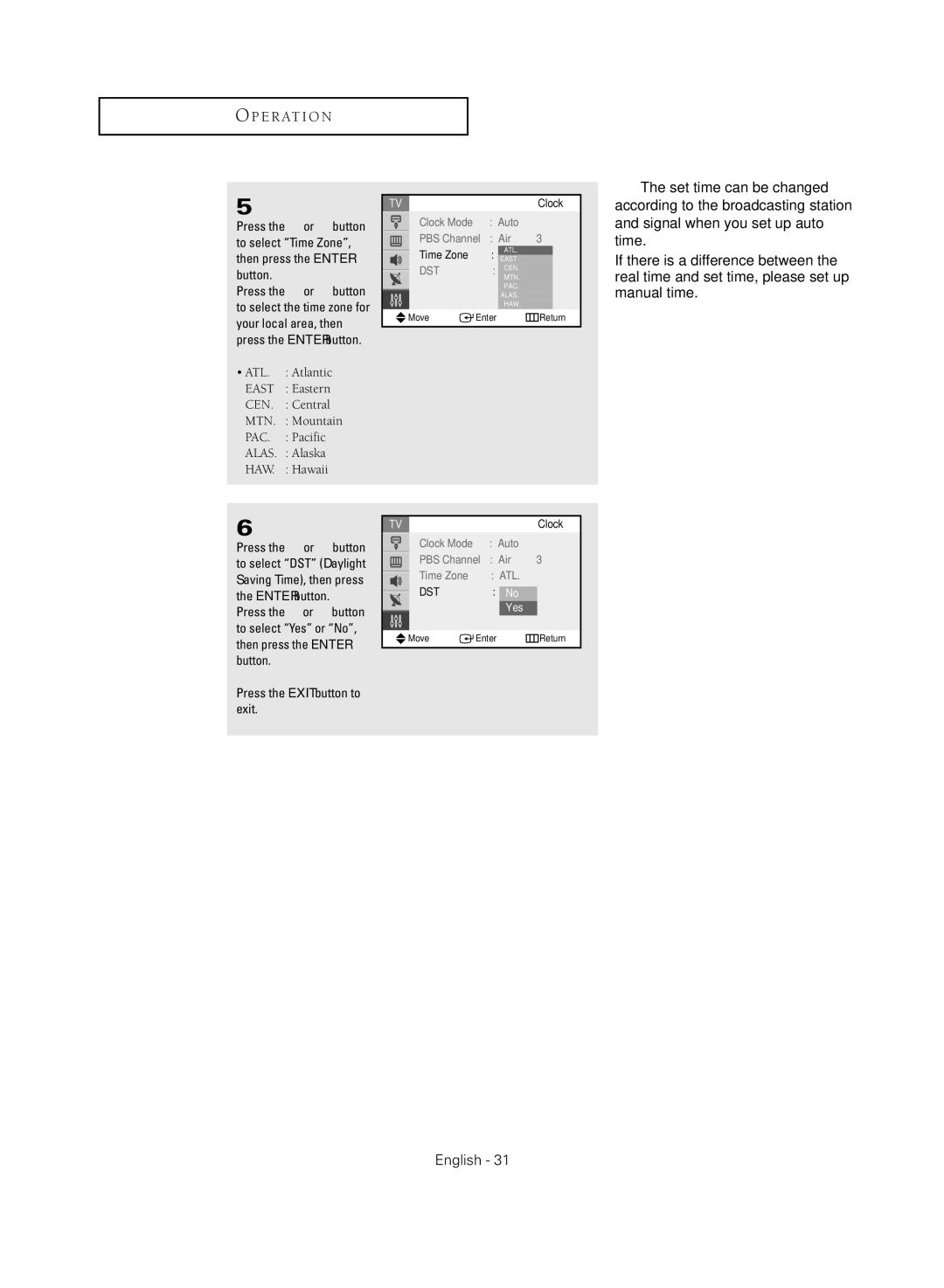 Samsung TX-R2735G manual Set time can be changed, Time Zone 