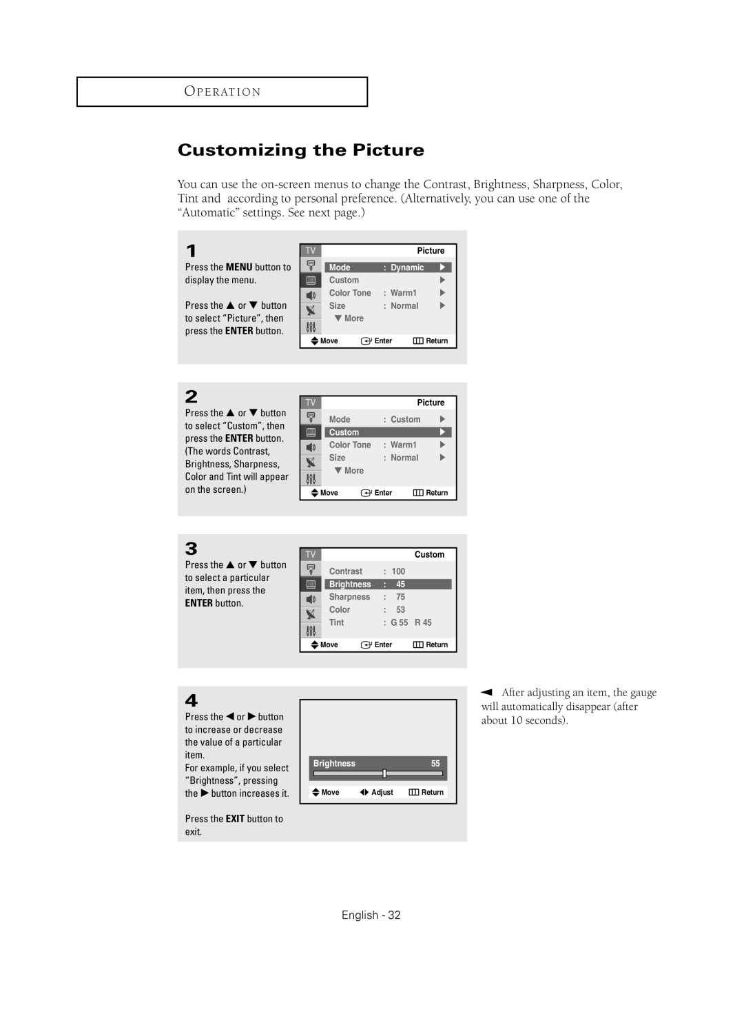 Samsung TX-R2735G manual Customizing the Picture, Mode, Brightness55 