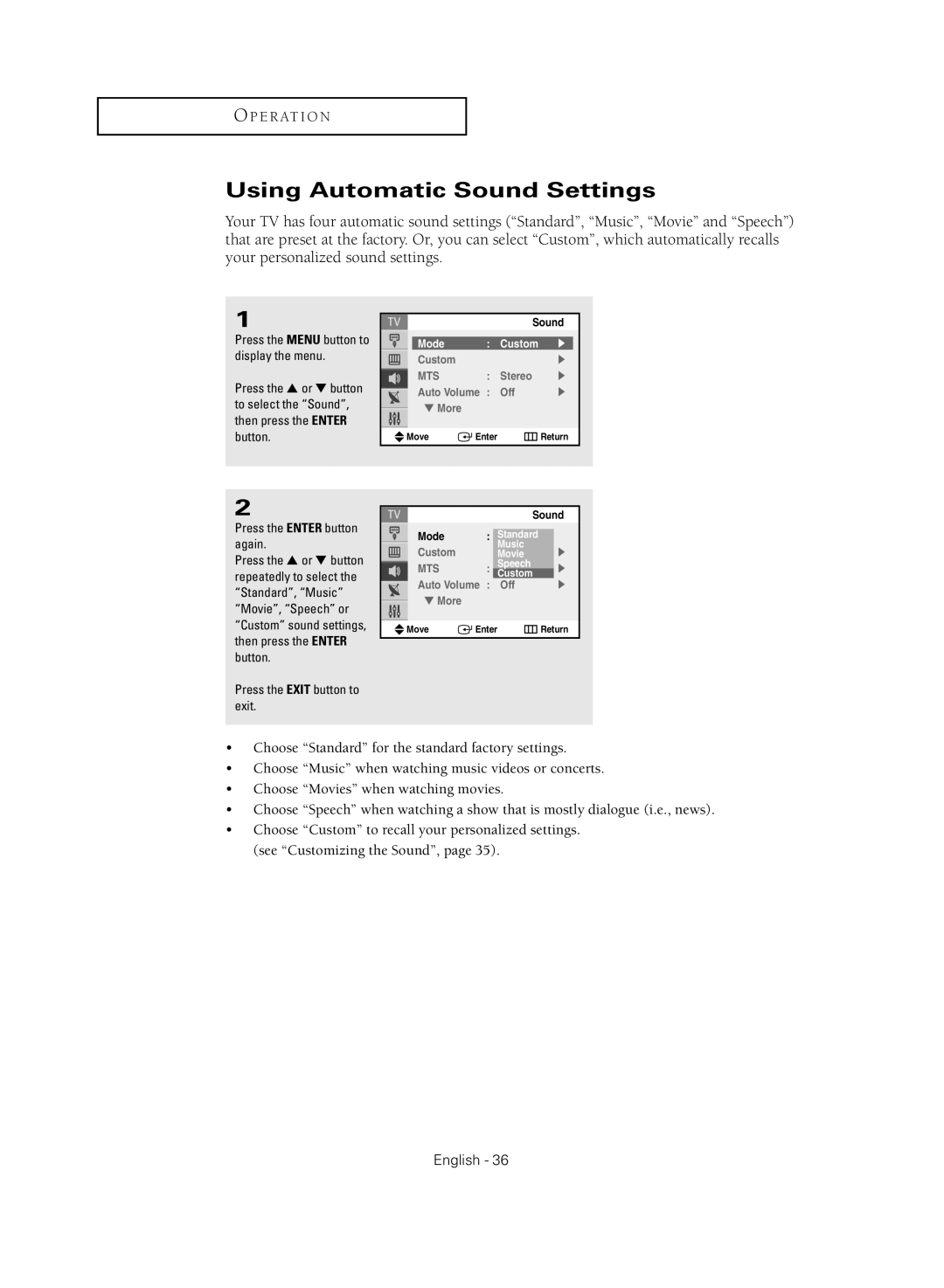 Samsung TX-R2735G manual Using Automatic Sound Settings, Music Movie Speech 