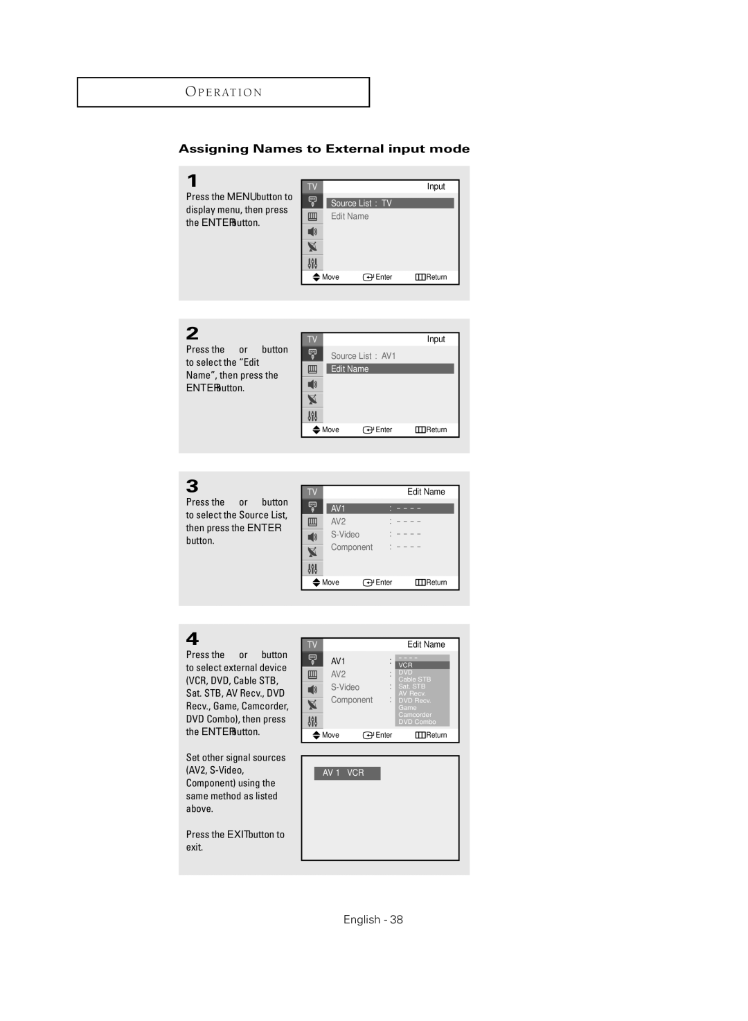 Samsung TX-R2735G manual Assigning Names to External input mode, Edit Name 