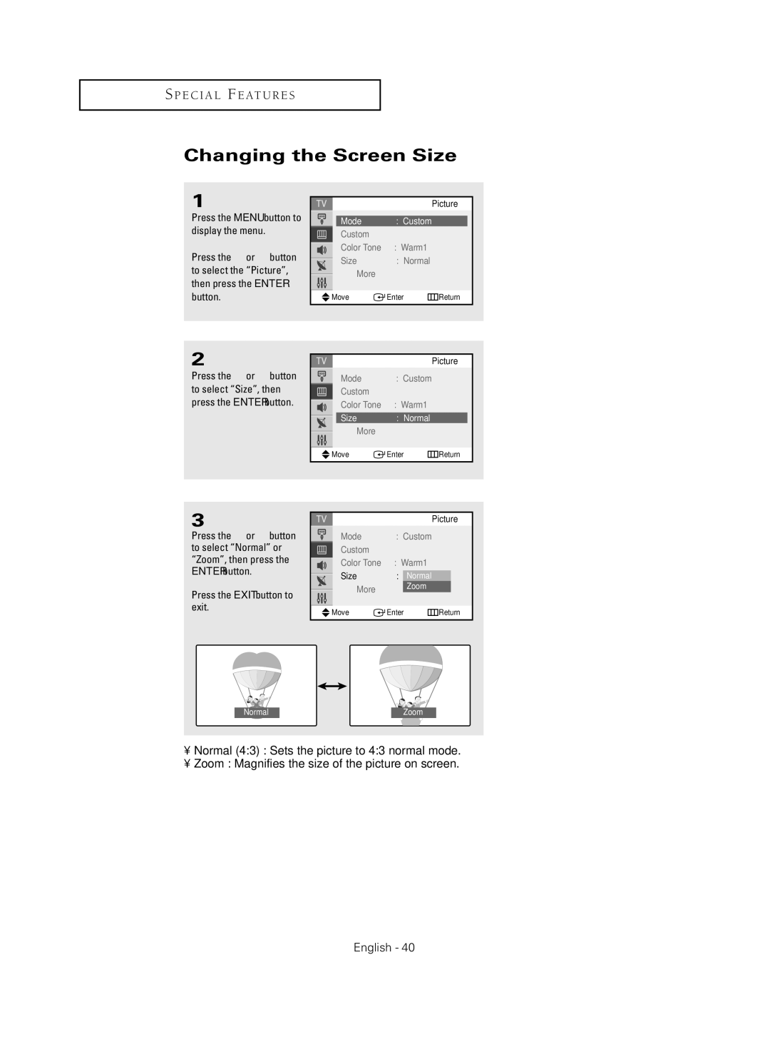 Samsung TX-R2735G manual Changing the Screen Size, Mode Custom, Size Normal 