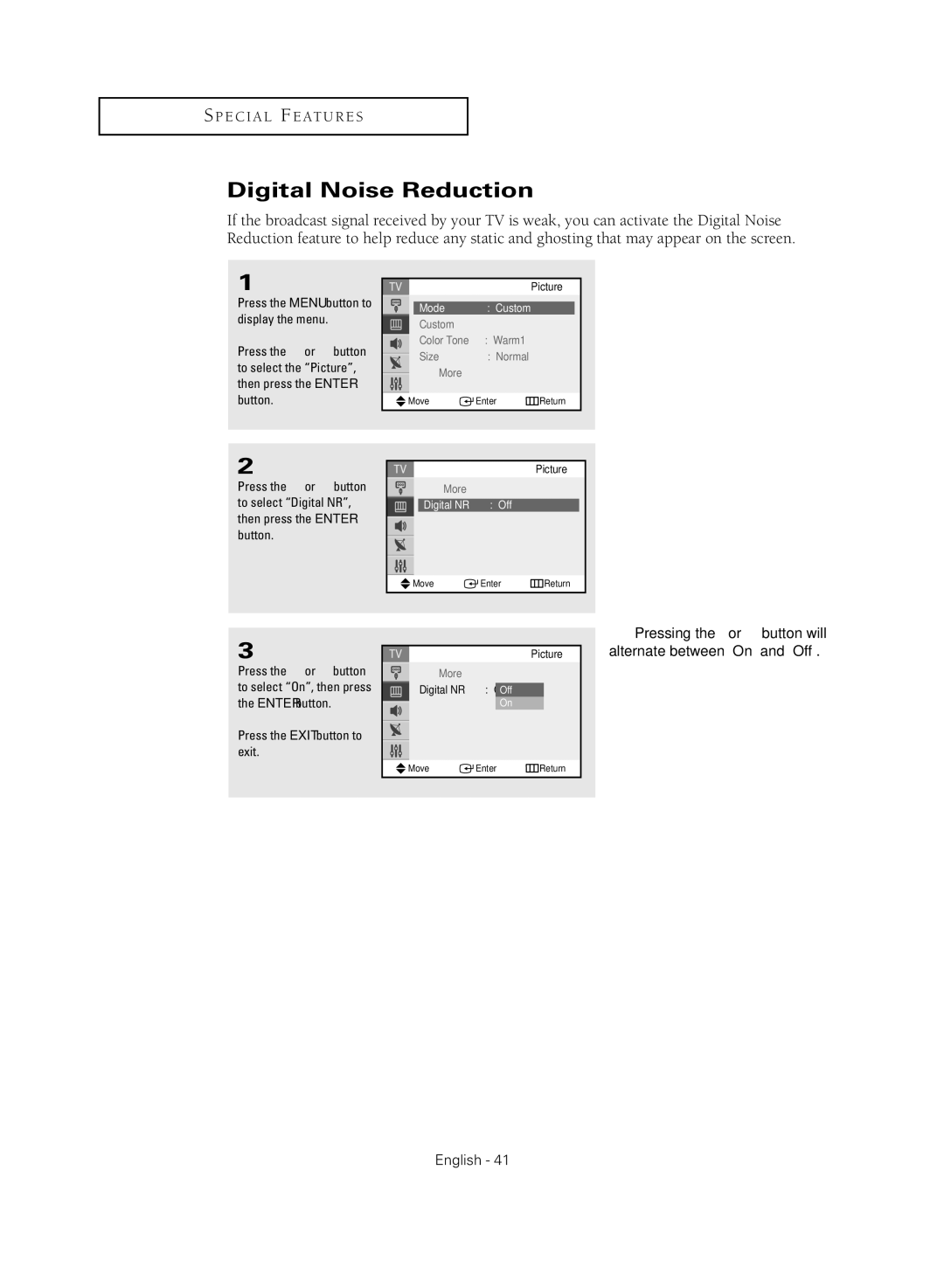 Samsung TX-R2735G manual Digital Noise Reduction, Digital NR Off 