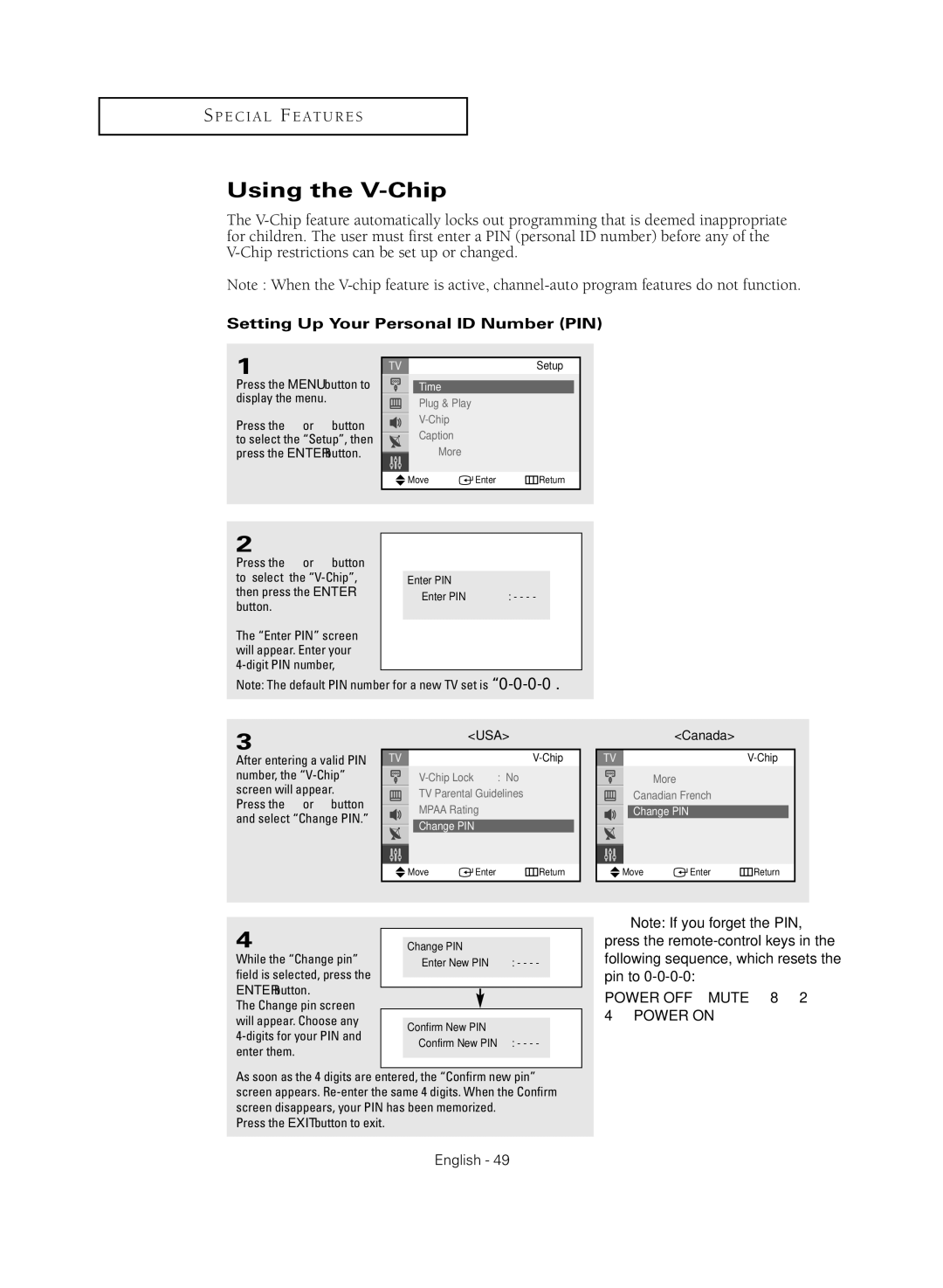 Samsung TX-R2735G manual Using the V-Chip, Setting Up Your Personal ID Number PIN, Change PIN 