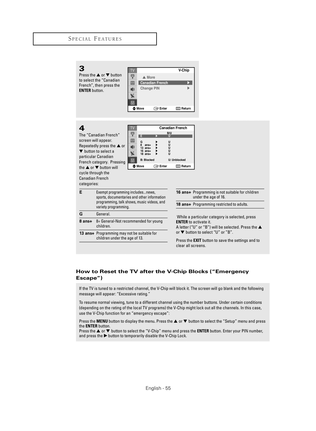 Samsung TX-R2735G manual How to Reset the TV after the V-Chip Blocks Emergency Escape, Canadian French 