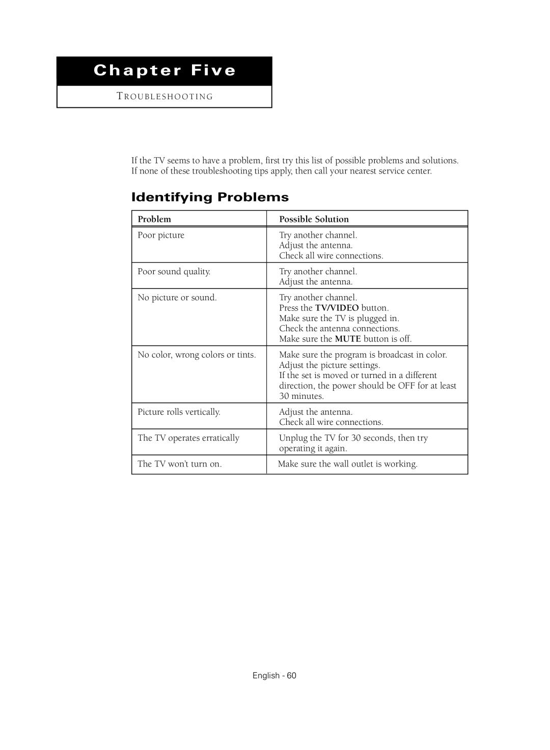 Samsung TX-R2735G manual Identifying Problems, Problem Possible Solution 