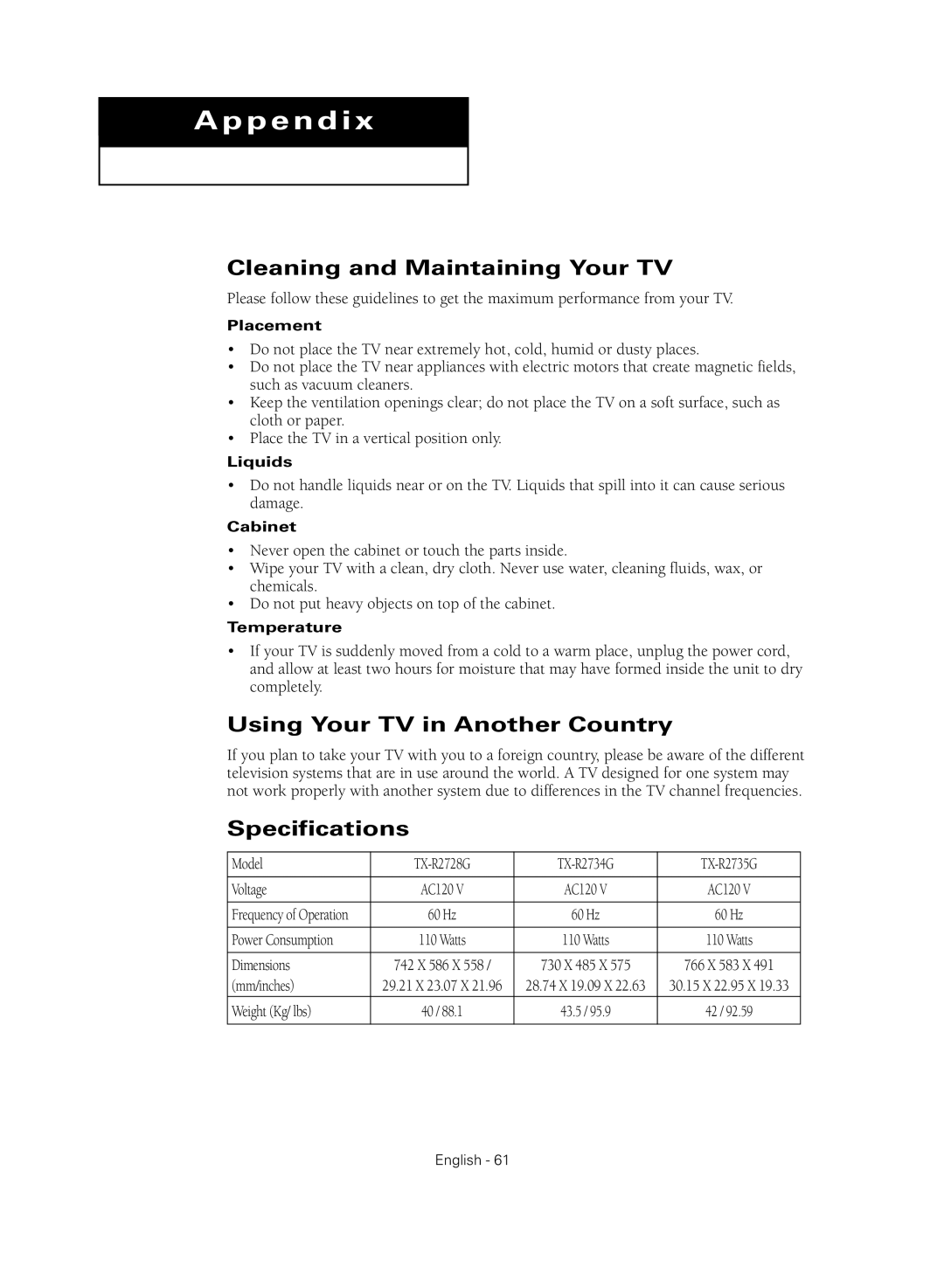 Samsung TX-R2735G manual Cleaning and Maintaining Your TV, Using Your TV in Another Country, Specifications 