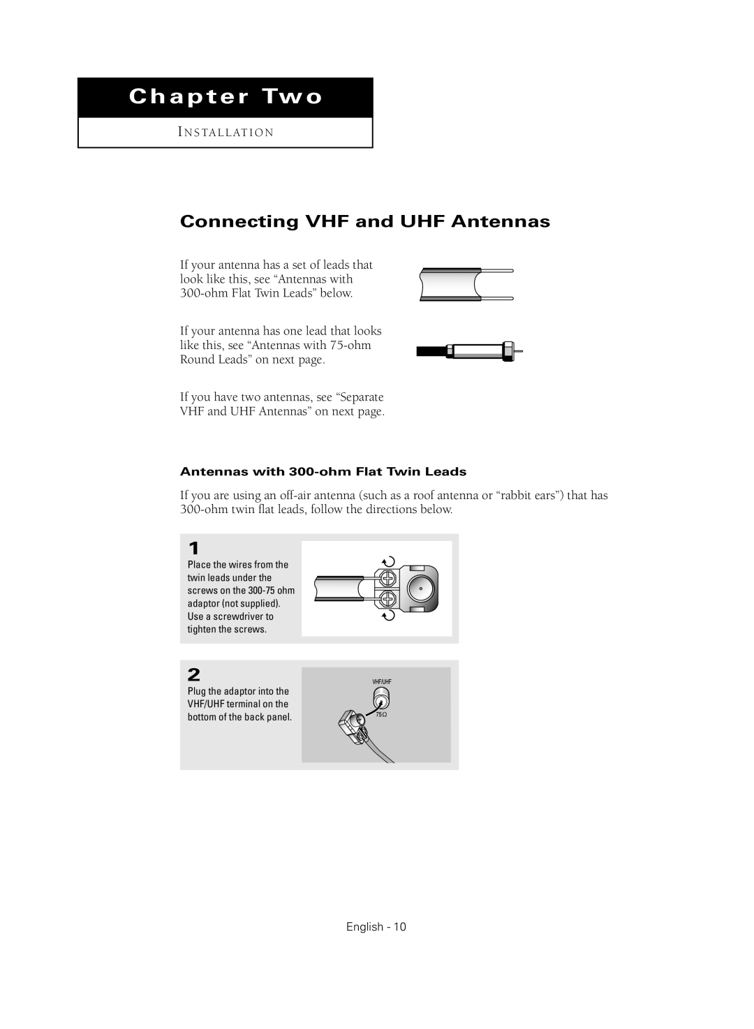 Samsung TX-R2735G manual Chapter Two, Connecting VHF and UHF Antennas 