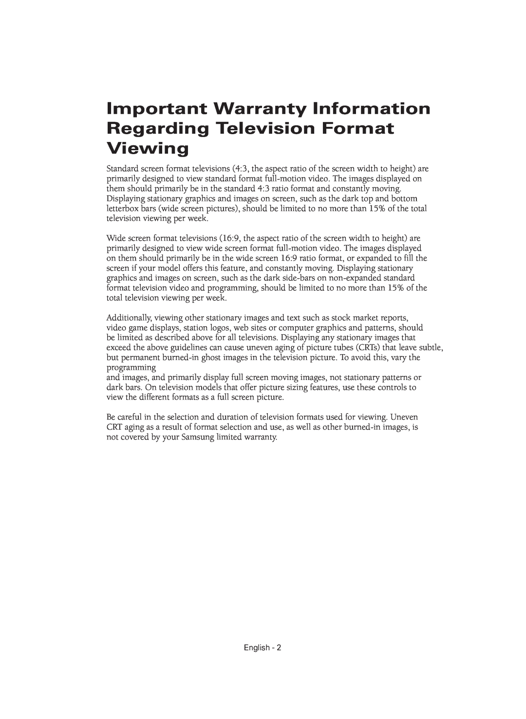 Samsung TX-R2735G manual Important Warranty Information Regarding Television Format Viewing, English 