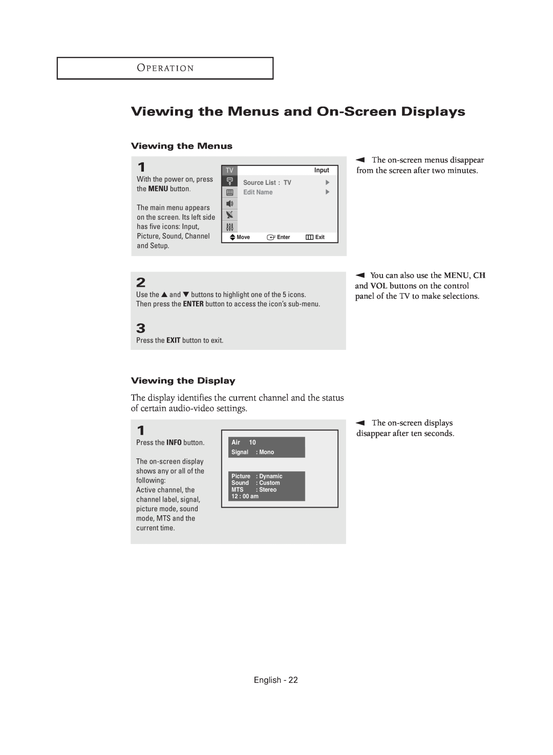 Samsung TX-R2735G manual Viewing the Menus and On-Screen Displays, O P E R At I O N, Viewing the Display, English 