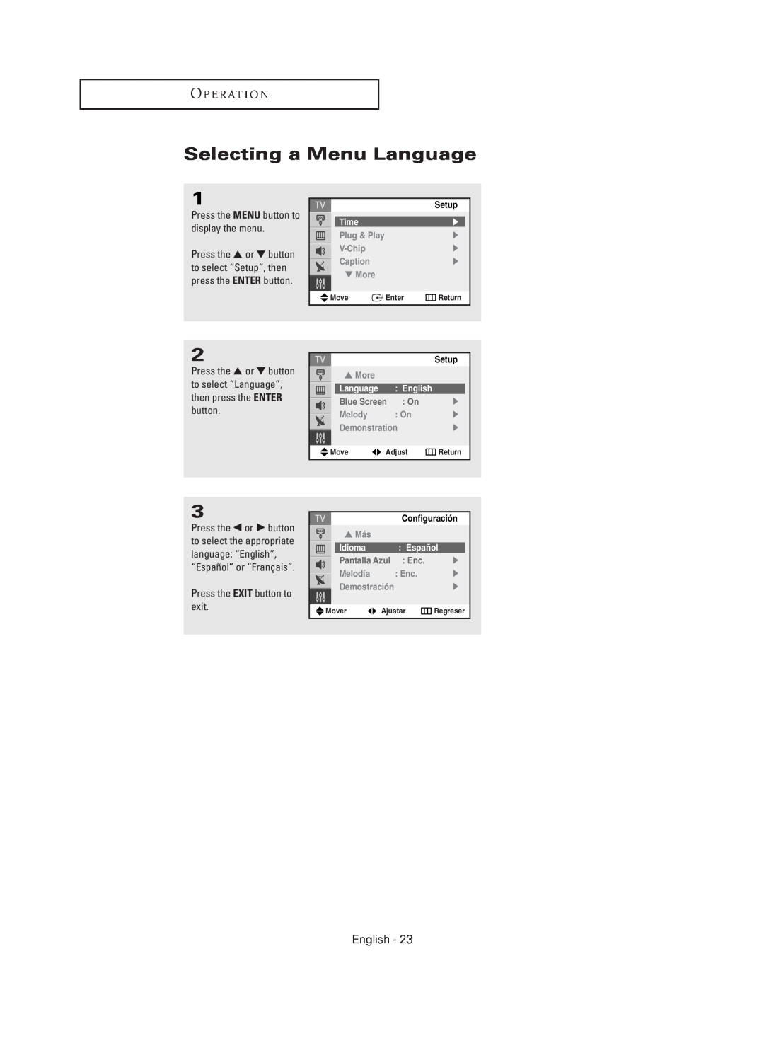 Samsung TX-R2735G Selecting a Menu Language, O P E R At I O N, English, Press the EXIT button to exit, Time, Configuración 