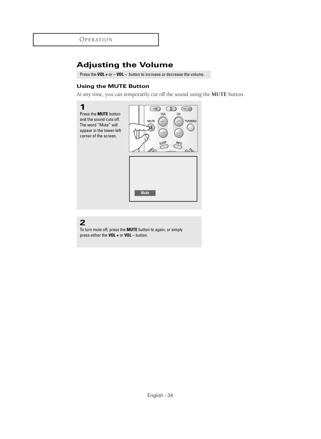 Samsung TX-R2735G manual Adjusting the Volume, O P E R At I O N, Using the MUTE Button, English, Mute 