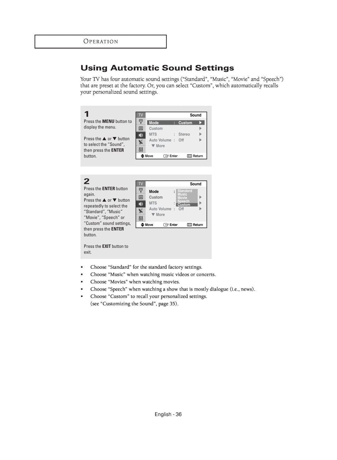 Samsung TX-R2735G manual Using Automatic Sound Settings 