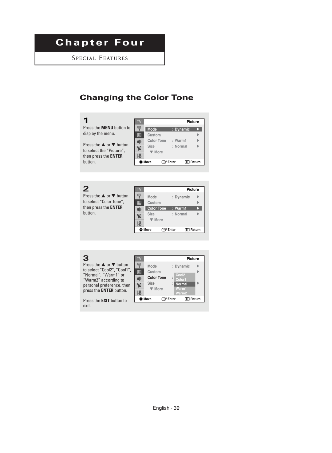 Samsung TX-R2735G Changing the Color Tone, ChapterS P E C I A L F E AT UFourR E S S P E C I A L F E AT U R E S, English 