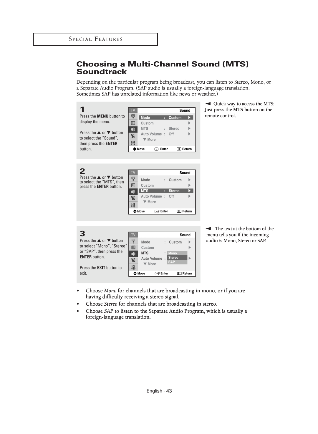 Samsung TX-R2735G manual Choosing a Multi-Channel Sound MTS Soundtrack 