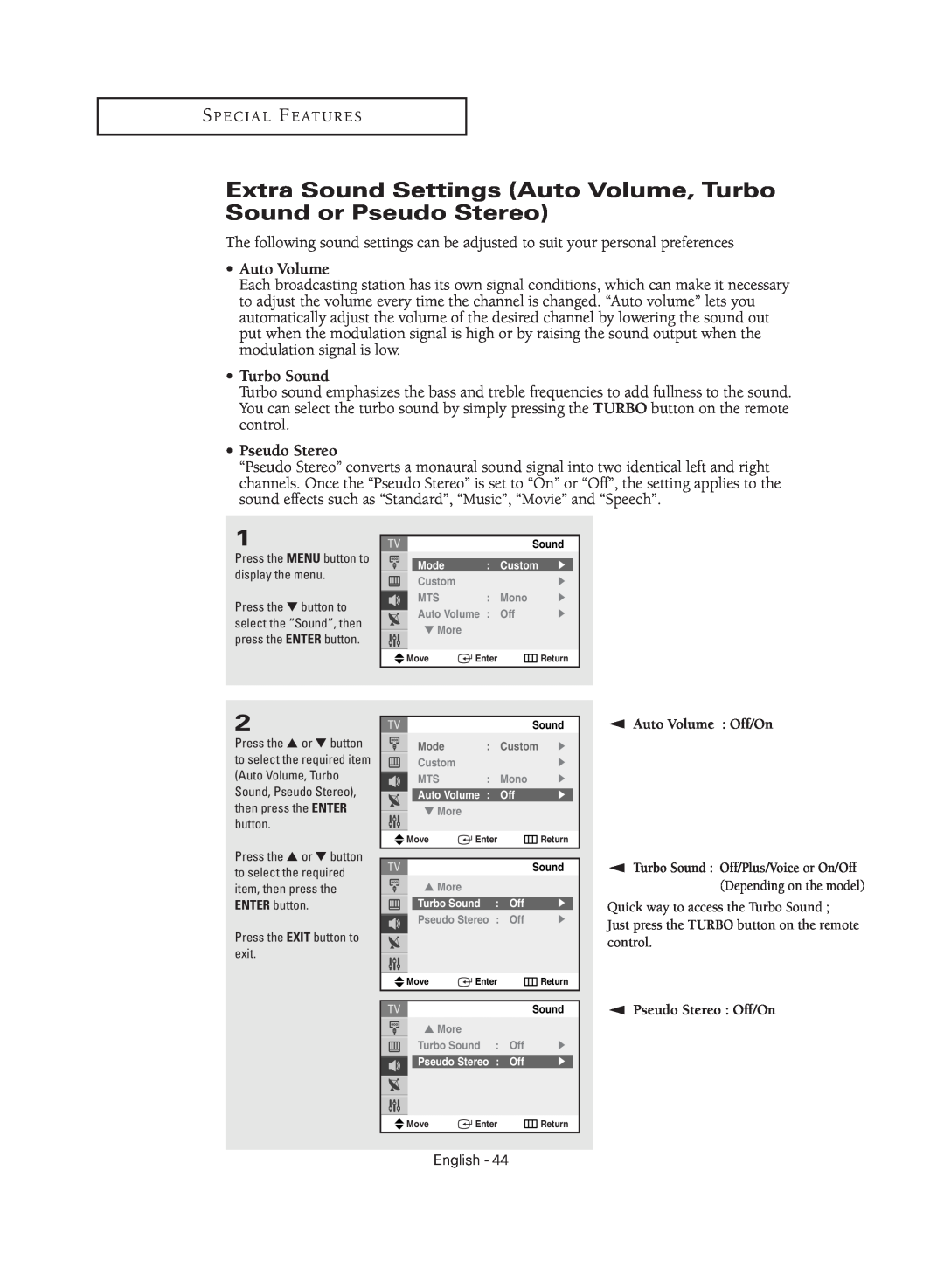 Samsung TX-R2735G manual Extra Sound Settings Auto Volume, Turbo Sound or Pseudo Stereo 