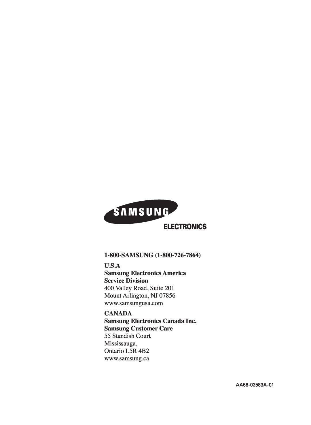 Samsung TX-R2735G manual SAMSUNG U.S.A Samsung Electronics America Service Division, AA68-03583A-01 