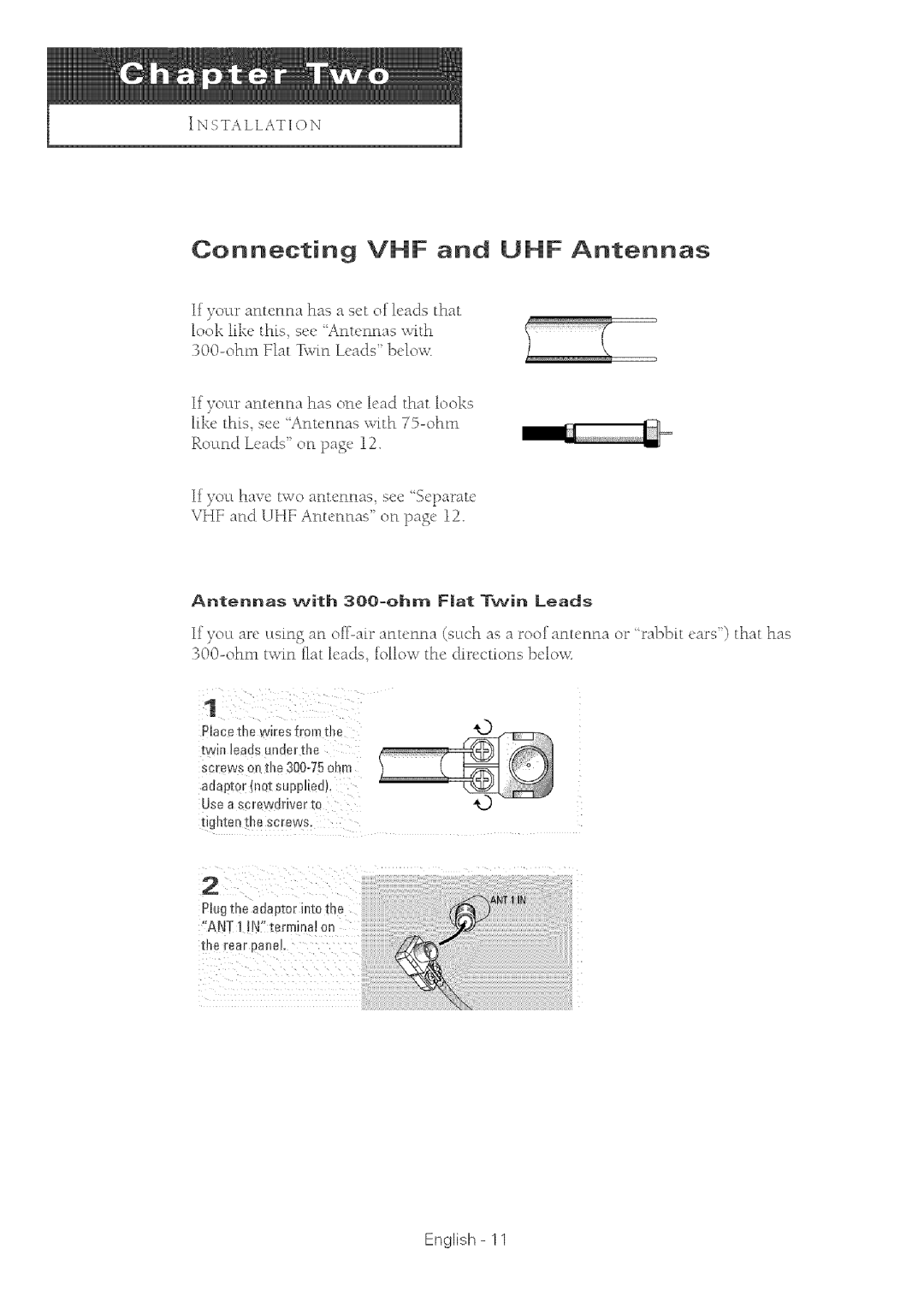 Samsung TX-R2764 manual Connecting VHF and UHF Antennas, Ohm Flat TvmL,ads-co, Antennas with 3OO-ohm Fat Twin Leads 