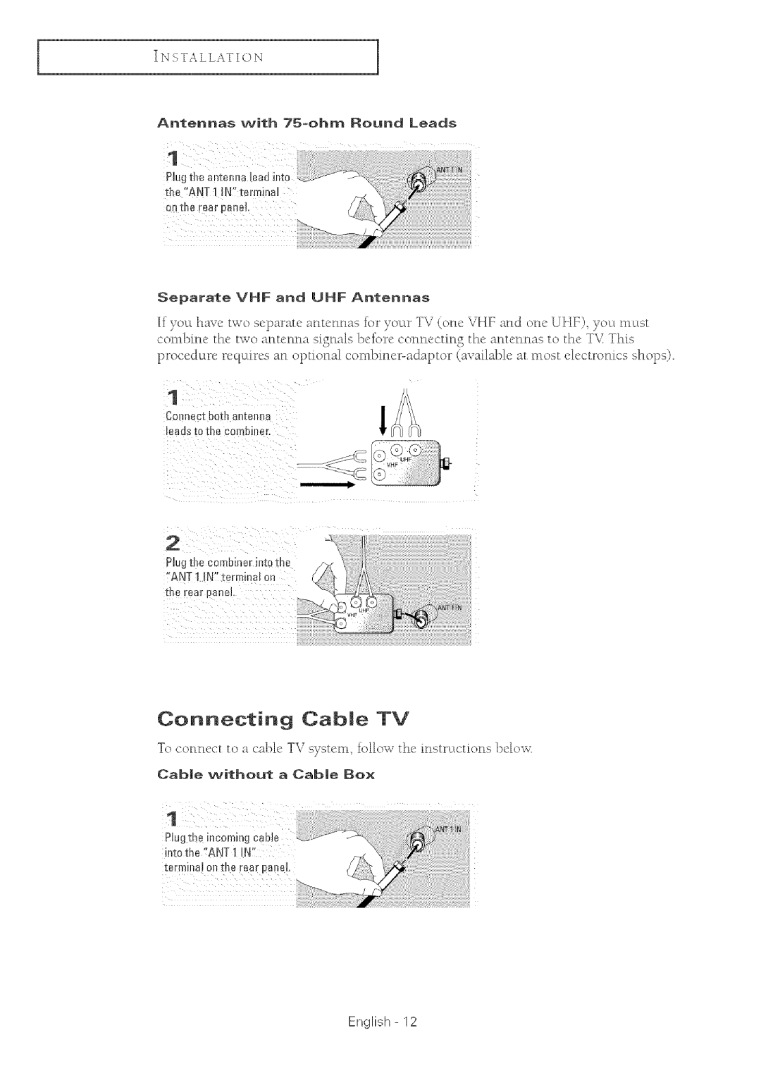 Samsung TX-R2764 manual Connecting CabJe TV, Hogthe Corobiner intothe, Connect both antenna leads to the combher 