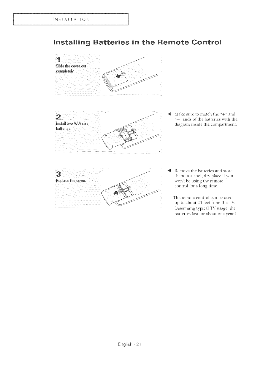 Samsung TX-R2764 manual Installing Batteries in the Remote Contro, Slide thecoverout 