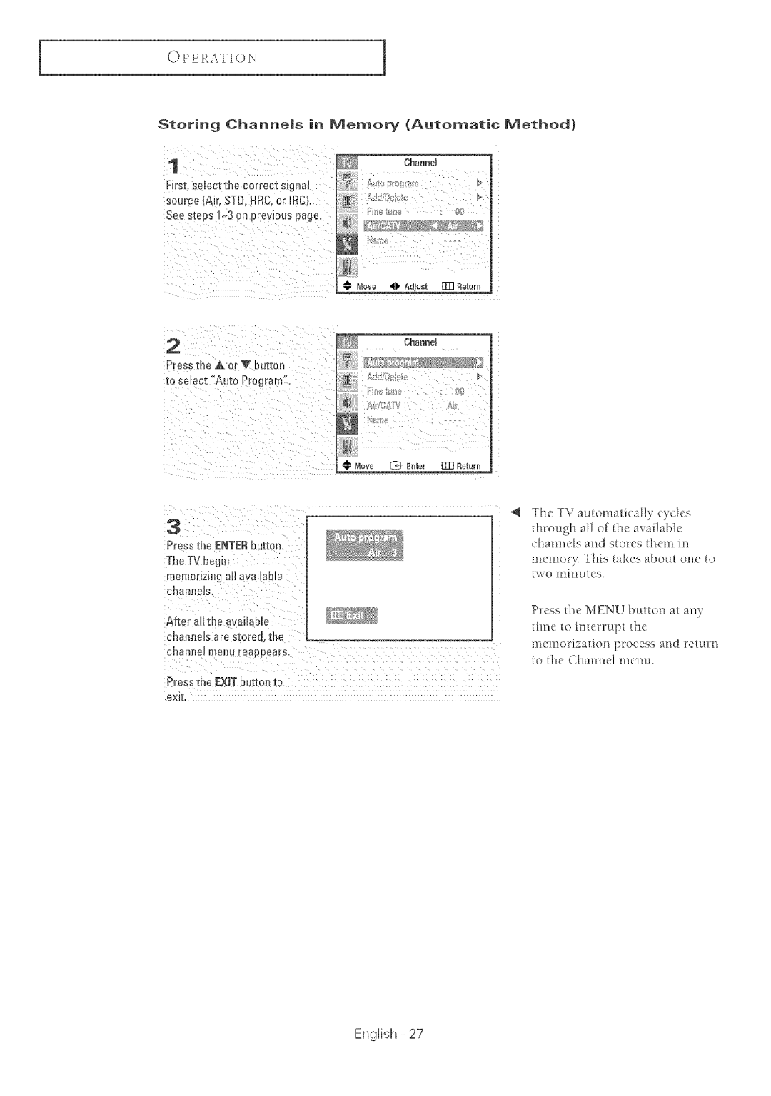 Samsung TX-R2764 manual Storing Channes in Memory Autornatic Method, Source Ak, STD, HRC,or I£C Press the a or V bution 