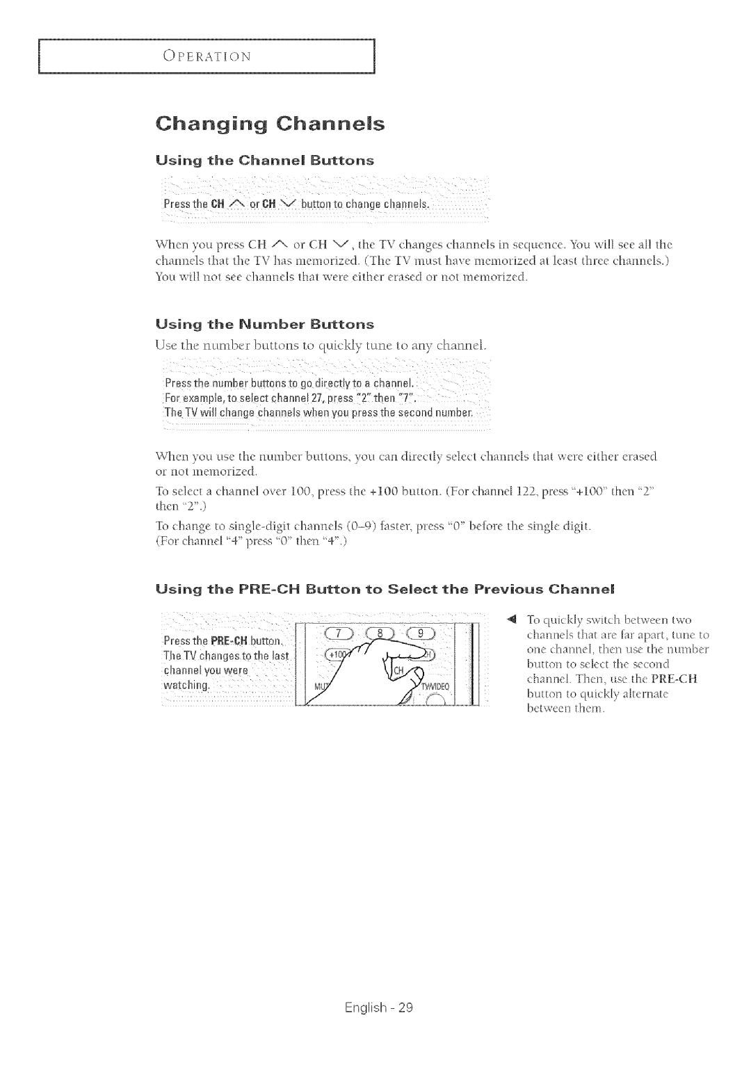 Samsung TX-R2764 manual Changing Channems, Using the PRE-CH£utton to Semect the Previous Channe 