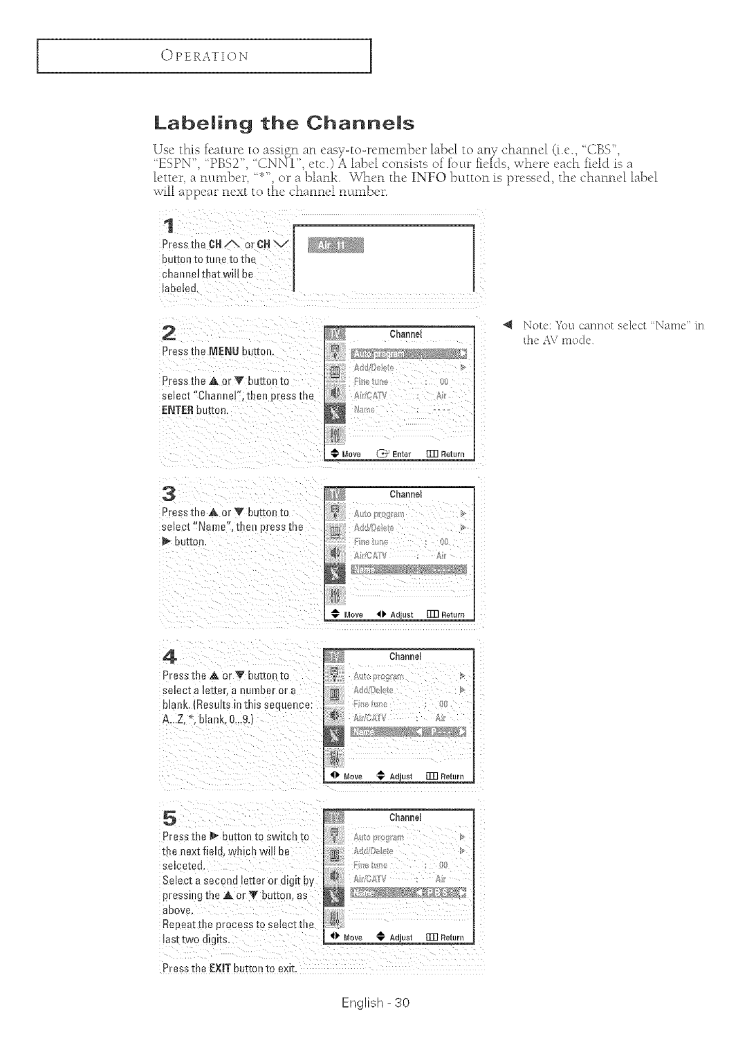 Samsung TX-R2764 manual LabeJing the ChanneJs, AV mode 