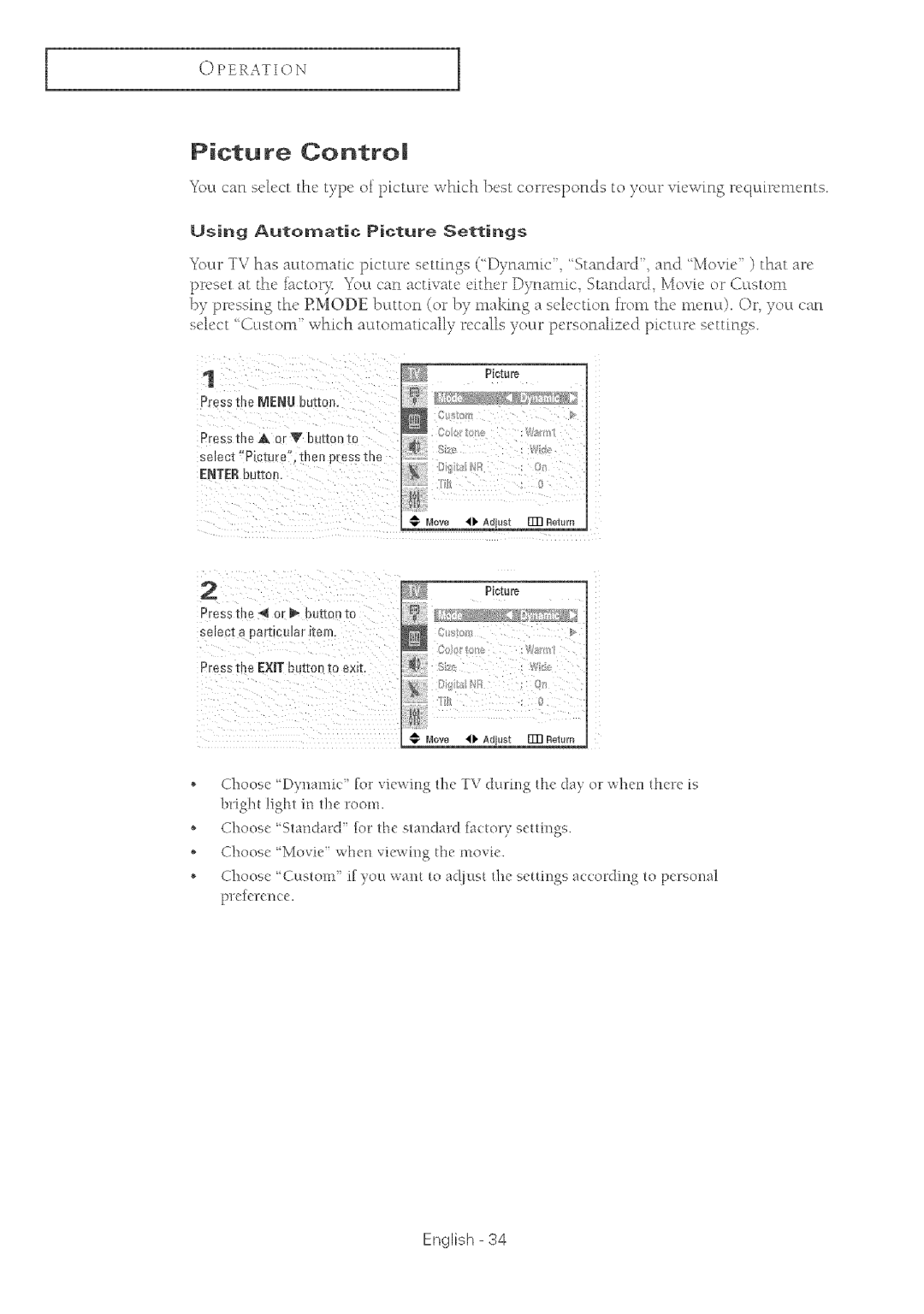 Samsung TX-R2764 manual Picture ¢ontro, Using Automatic Picture Settings 