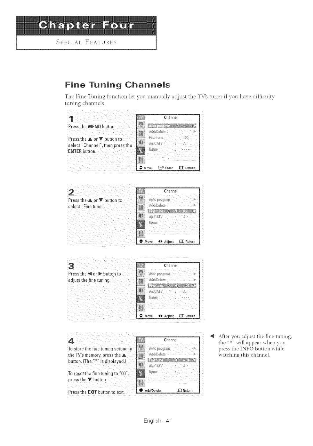 Samsung TX-R2764 manual Fine Tuning Channems, Pressthe MEN#button Pressthe orV buttonto, Pressthe EXITbuttonto exit English 