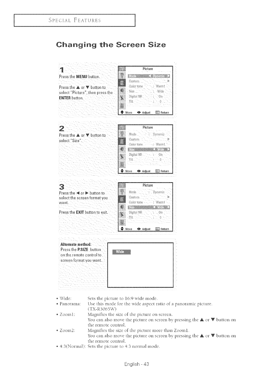 Samsung TX-R2764 Changing the Screen Size, PressmeMENUourOR, PresstheA orV bumnm selectSize, Press the EXITbuton -mexit 