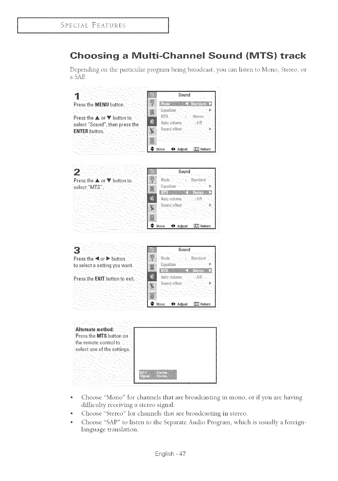 Samsung TX-R2764 manual Choosing Mumti-Channe, Mts 