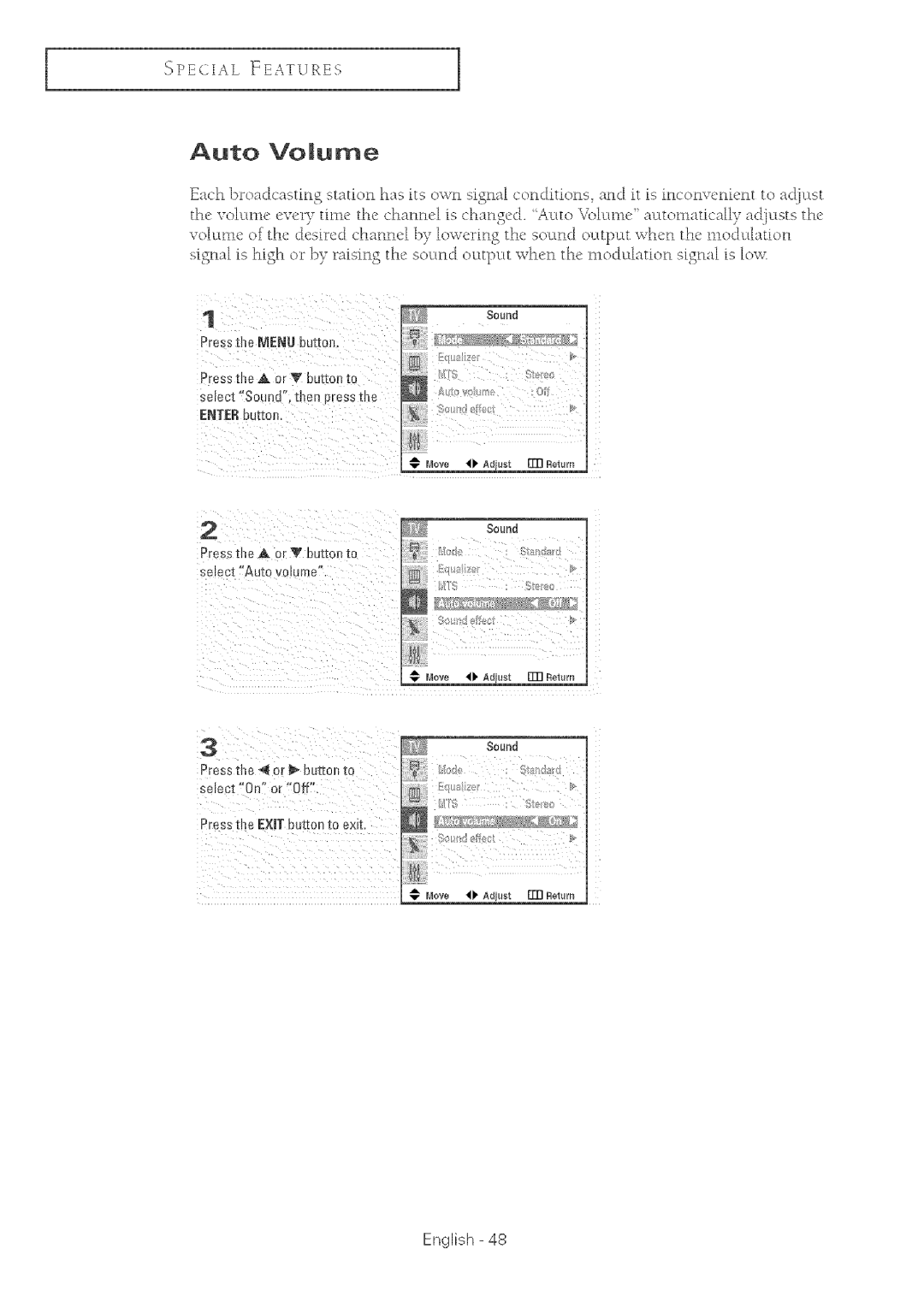 Samsung TX-R2764 manual Peial Eatures, Auto Volume 