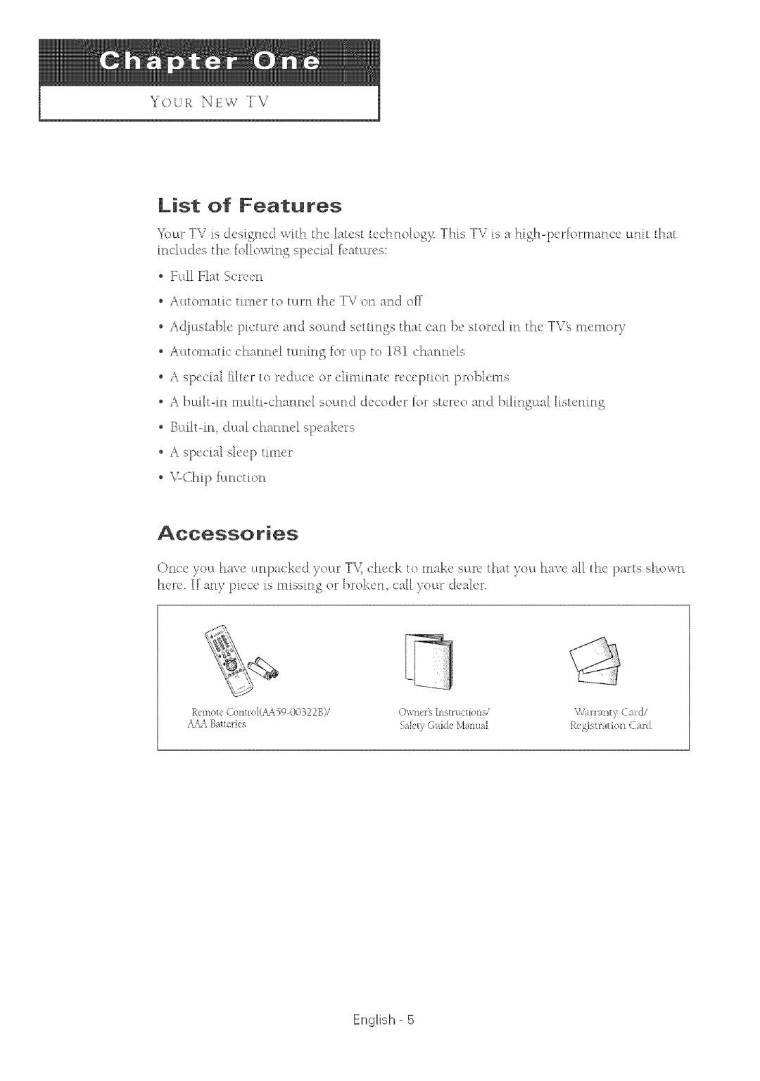 Samsung TX-R2764 manual Accessories, List of Features, Includes the following special catures Full Iqat Screetl 