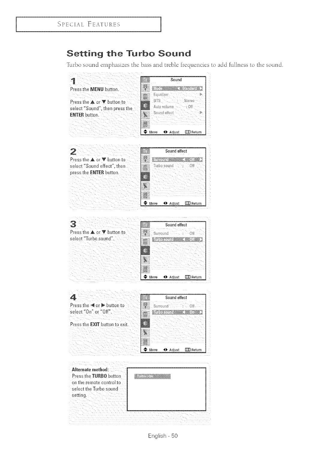 Samsung TX-R2764 manual Setting the Turbo Sound, Press tbe EXITputoH o extol, AJternate method Press tbe Turbo button 