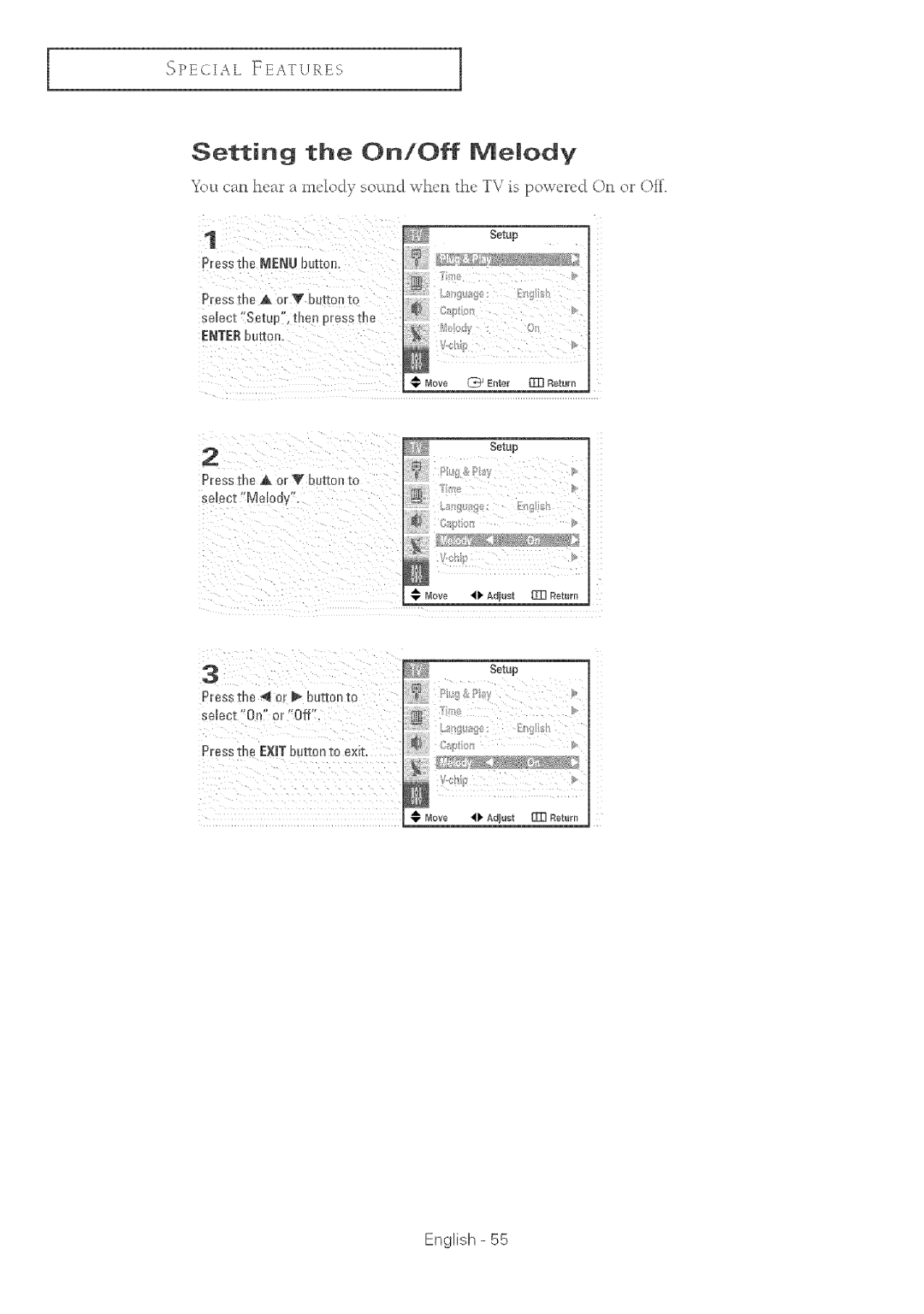 Samsung TX-R2764 manual Setting the On/Off Melody, Ii!iiii!!iiii!i 