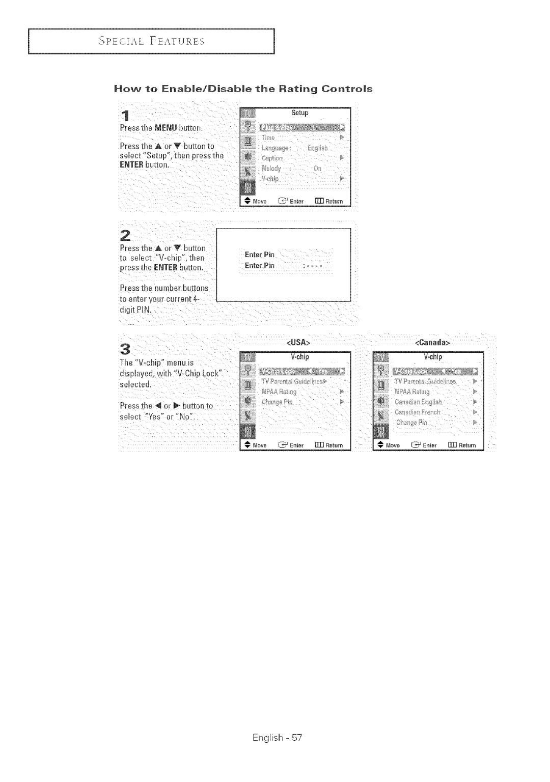 Samsung TX-R2764 manual English =, How To Enabe/Disabe Rating 