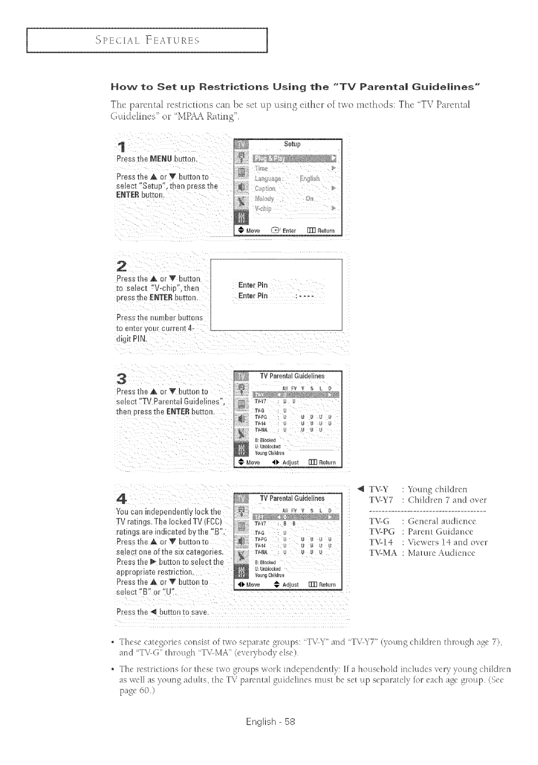 Samsung TX-R2764 manual Englisln, Methods TV Parerlta Guidelites, TVParentalGw@lines, TVParentalGuidelines 