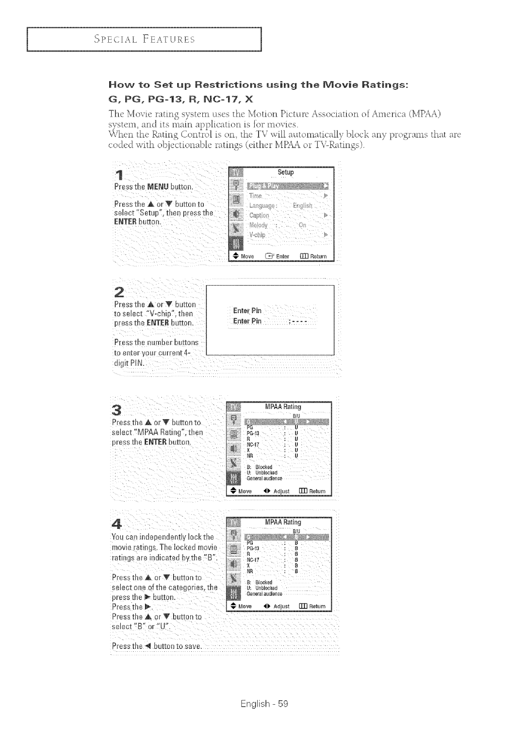 Samsung TX-R2764 manual Pressth Rumber buttons, Press tbP-A or V buttc qo Select Mpaa Rath g, then, MPAARatiBg 