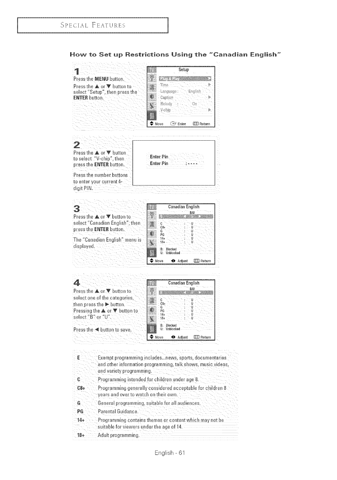 Samsung TX-R2764 manual How To Set up Restrictions Using Canadian Engish, Enter your current a, English = 