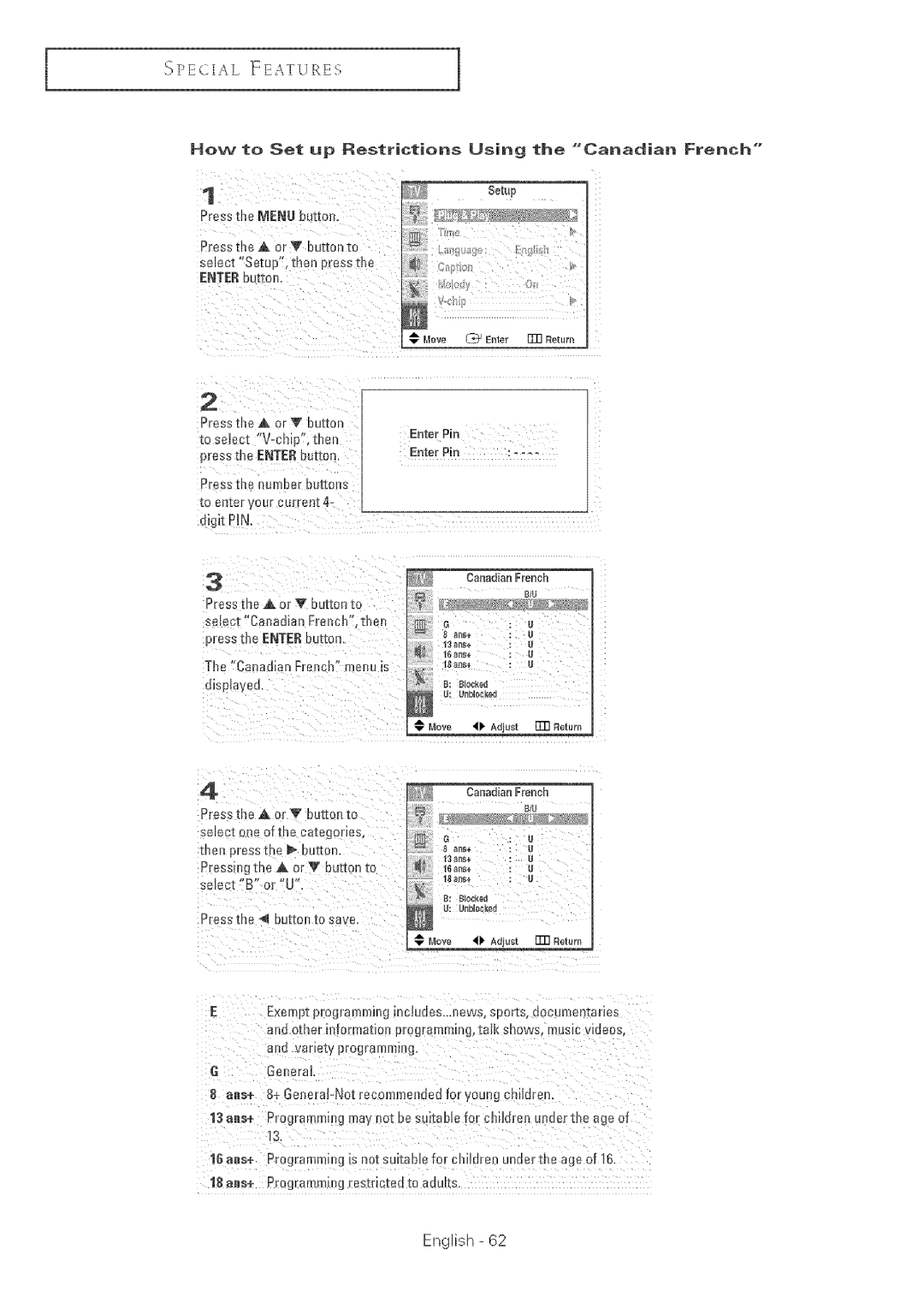 Samsung TX-R2764 manual Press the a or V buttonto select one of the categone, CanadianFrench 