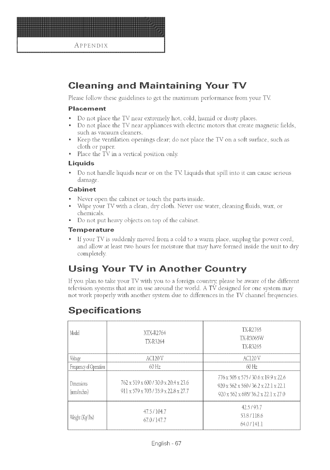 Samsung TX-R2764 manual Cleaning and Maintaining Your TV, Cabinet, P,P74 