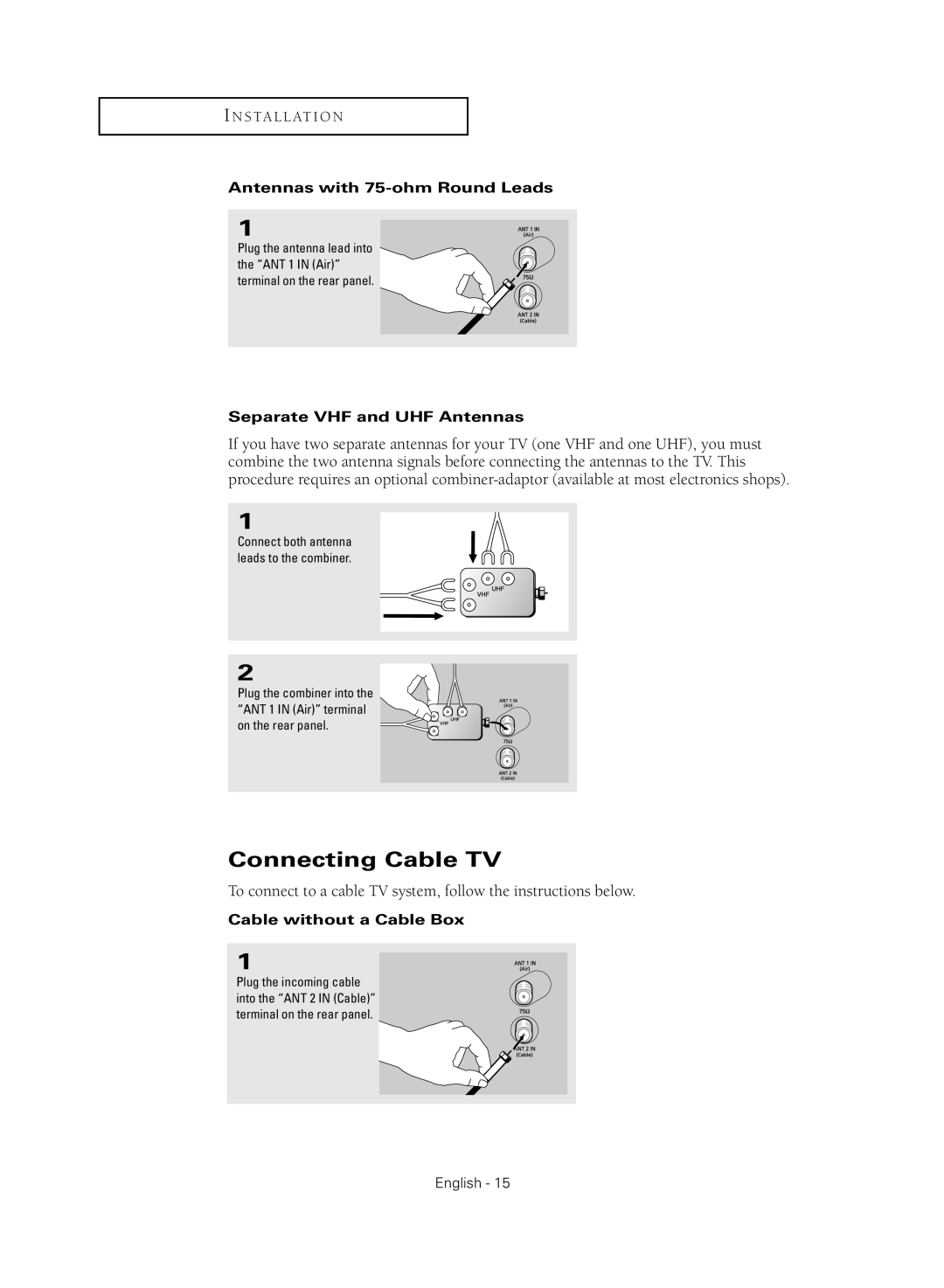 Samsung TX R2779H manual Connecting Cable TV, Antennas with 75-ohm Round Leads, Separate VHF and UHF Antennas 