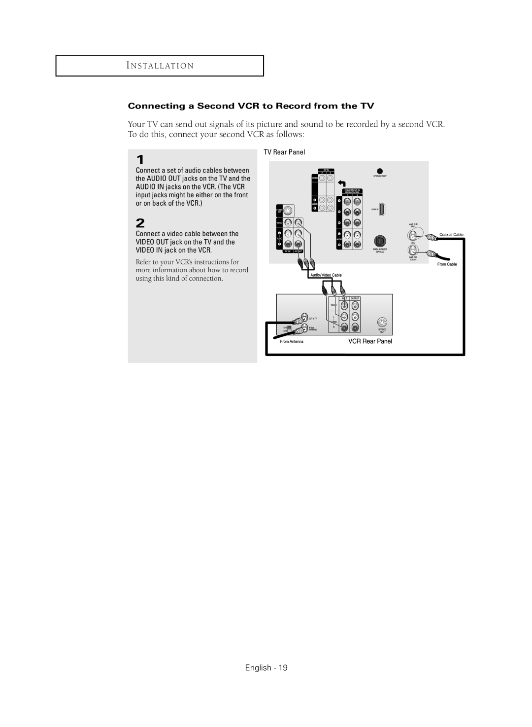 Samsung TX R2779H manual Connecting a Second VCR to Record from the TV 