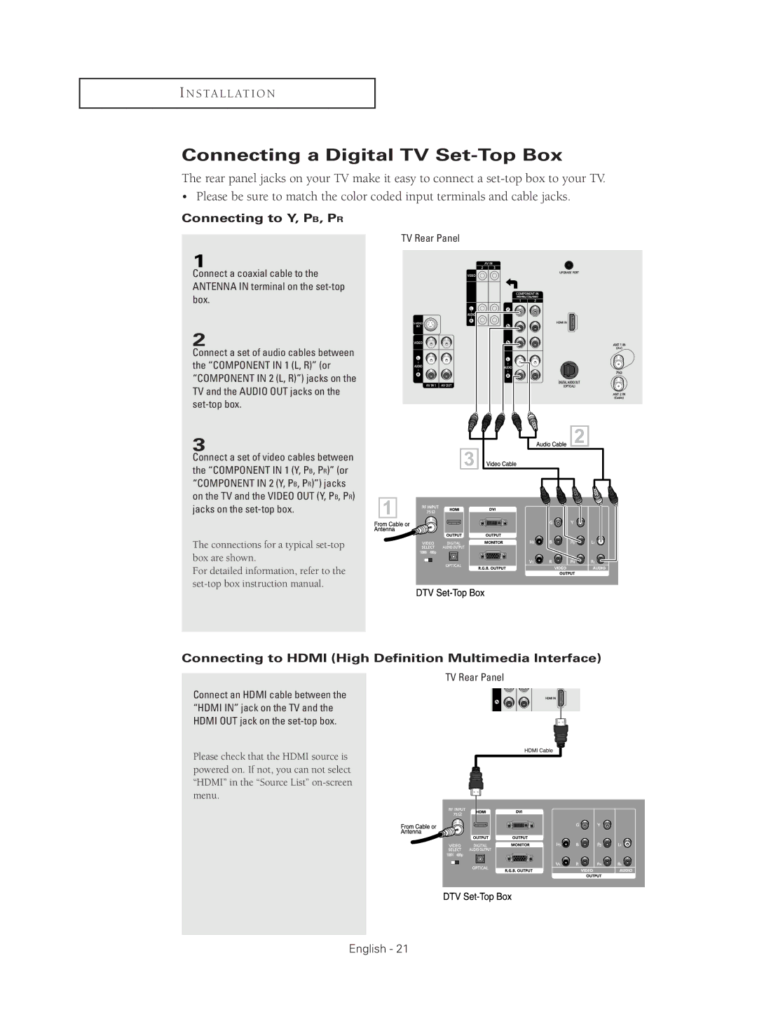 Samsung TX R2779H manual Connecting a Digital TV Set-Top Box, Connecting to Hdmi High Definition Multimedia Interface 