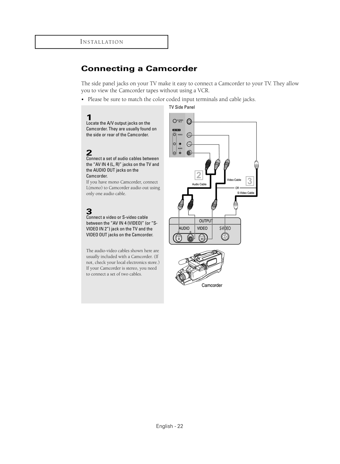 Samsung TX R2779H manual Connecting a Camcorder, TV Side Panel 