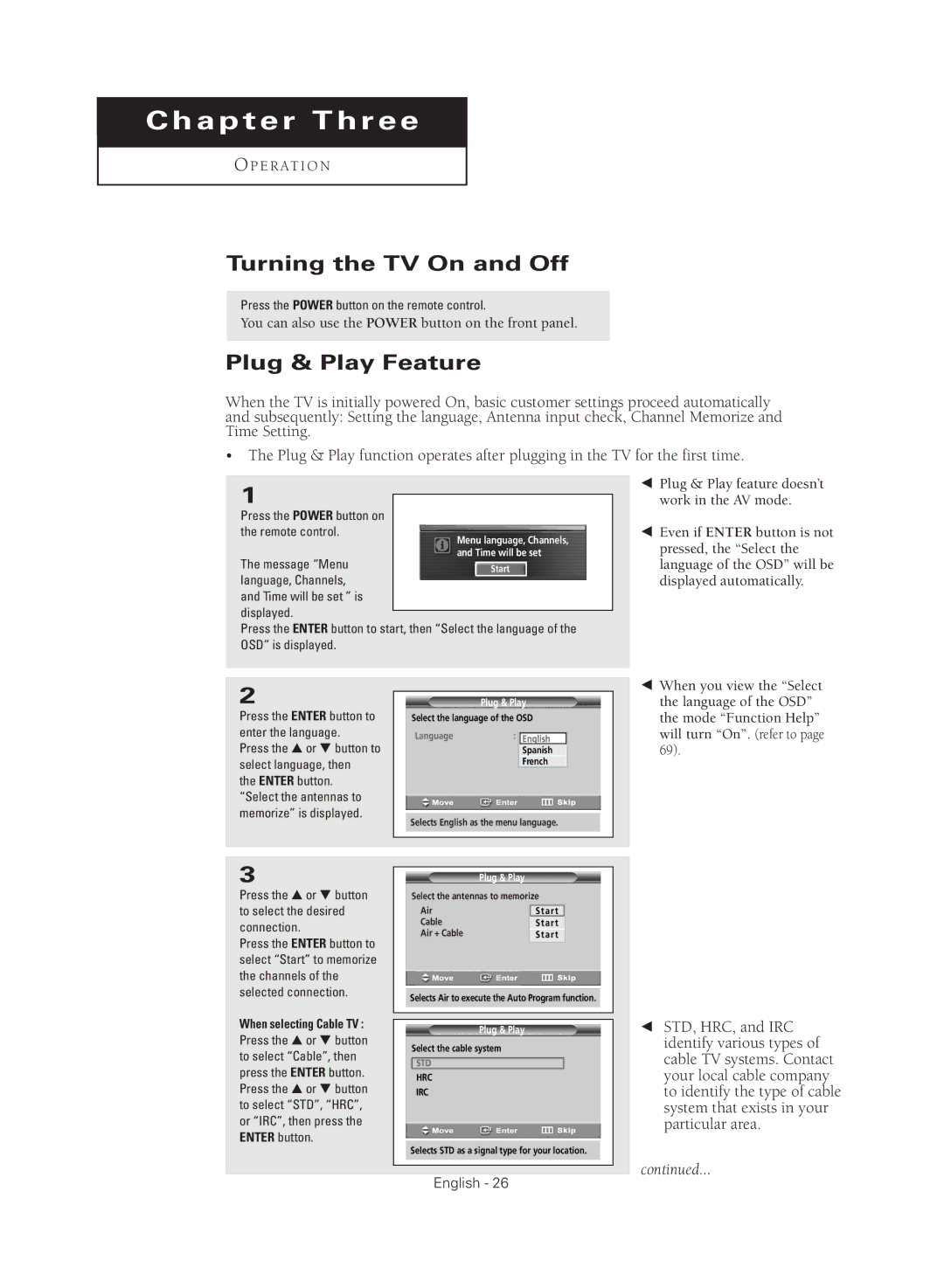 Samsung TX R2779H manual Turning the TV On and Off, Plug & Play Feature 