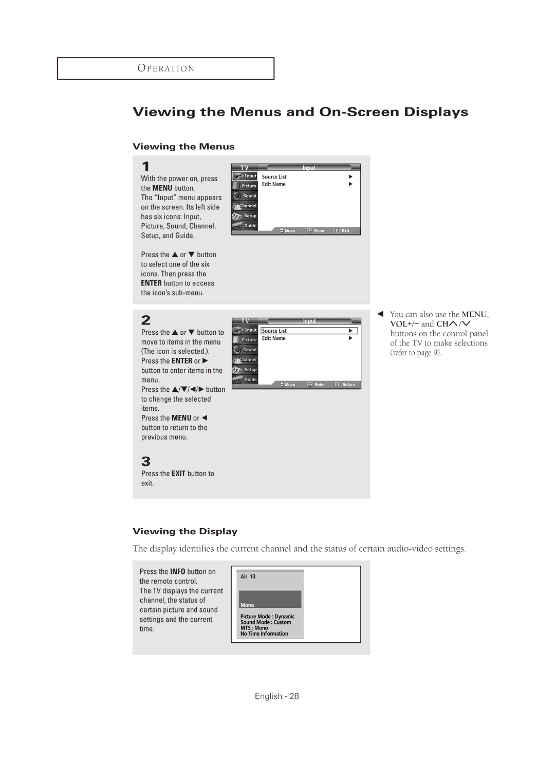 Samsung TX R2779H manual Viewing the Menus and On-Screen Displays, Viewing the Display, Input 