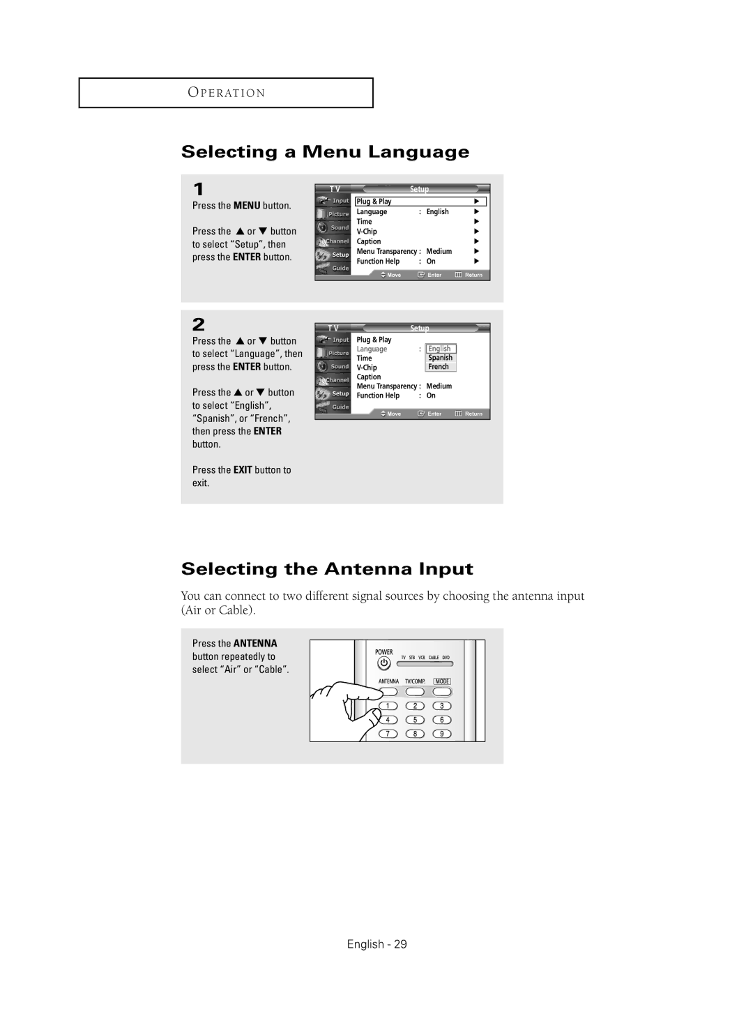 Samsung TX R2779H manual Selecting a Menu Language, Selecting the Antenna Input, Press the Menu button, Setup 