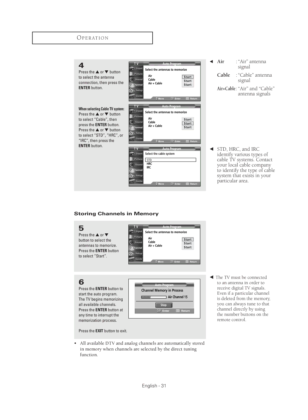 Samsung TX R2779H manual Air Air antenna signal Cable Cable antenna Signal, Storing Channels in Memory 