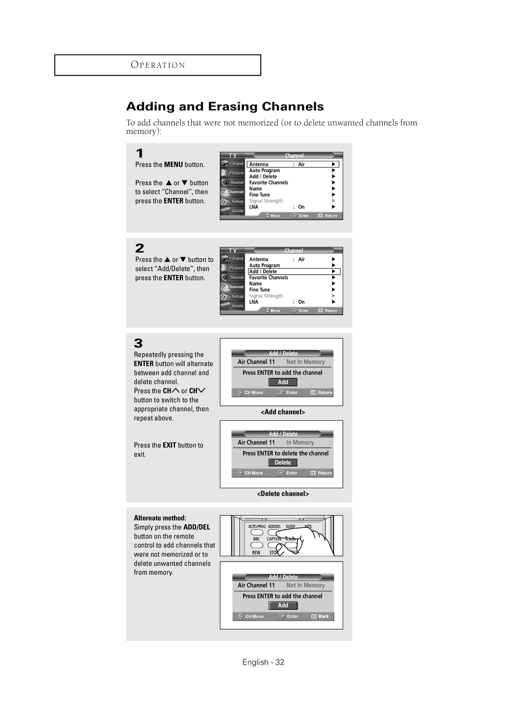 Samsung TX R2779H manual Adding and Erasing Channels, Add / Delete 