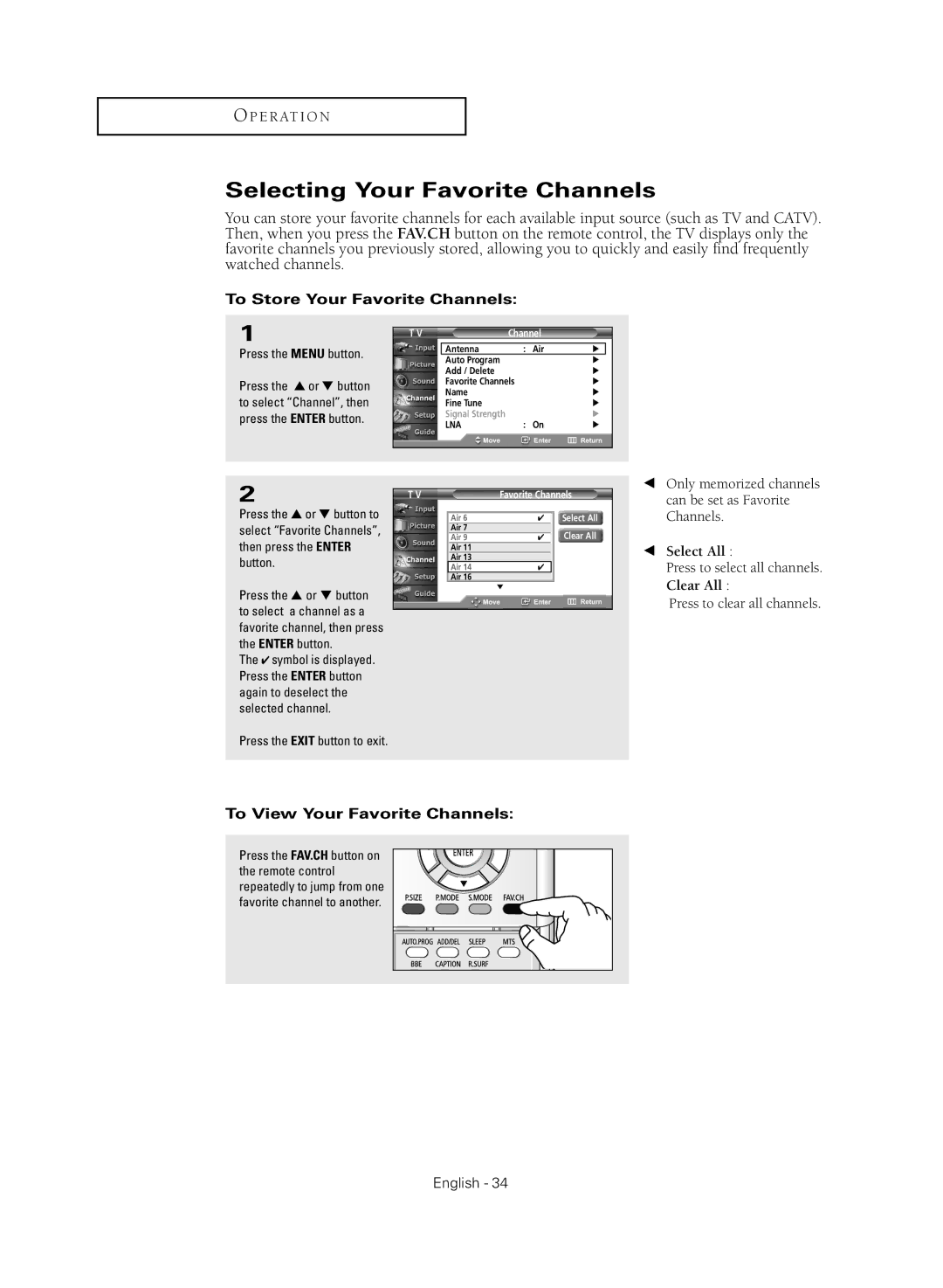 Samsung TX R2779H manual Selecting Your Favorite Channels, To Store Your Favorite Channels, To View Your Favorite Channels 